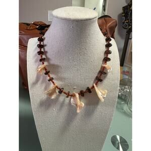 Handcrafted Artisan Necklace Mother-of-Pearl Shell & Natural Earth-Toned Stone